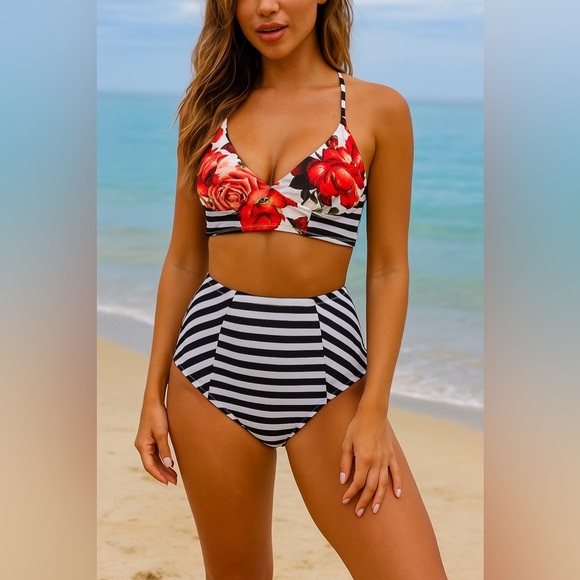 Cupshe Garden Floral and Stripe Bikini High Waisted NWT Size 1X Swimsuit 2 Piece - Picture 1 of 9